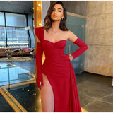 Solid Satin Asymmetric Slit Long Sleeve Dress