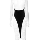 Patchwork Halter Backless Contrast Pleated Midi Dress