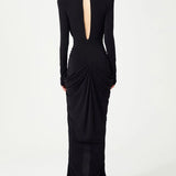 Deep V Neck Long Sleeves Black Maxi Dress  Party Gown