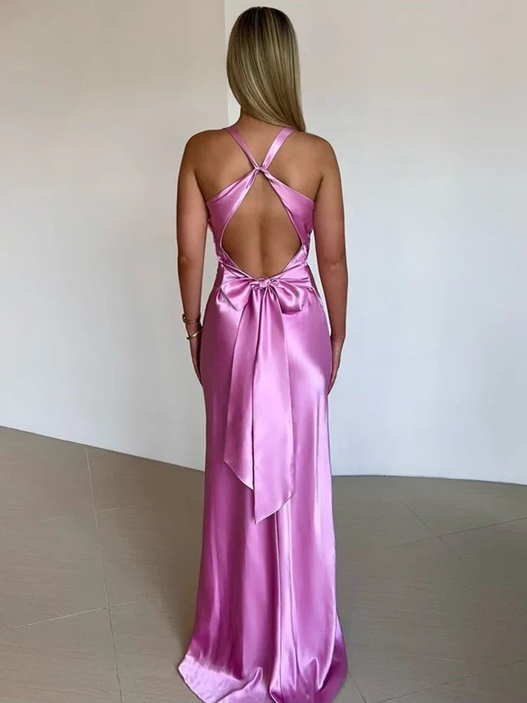 Satin V-neck Back Strappy Bow Maxi Dress