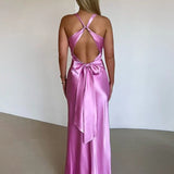 Satin V-neck Back Strappy Bow Maxi Dress