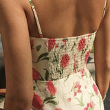 Large Flowers Elastic Buttons Midi Dress