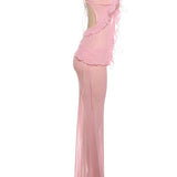 Mesh Irregular Ruffles Backless Tops and Long Skirts Suits