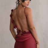 3D Flower Draped Open Back Maxi Dress