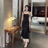 Black Ruffle Trim Fishtail Midi Dress