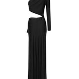 Black Inclined Shoulder High Split Draped Maxi Dress