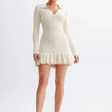 Ruffled Contrast Bow Open Back Lace-Up Knit Mini Dress