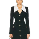 Lapel Buttons Black White Patchwork Mini Dress