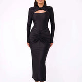 Long Sleeved Pleated Hollowed Out Maxi Dress