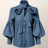 Denim Puff Sleeve High Neck Top