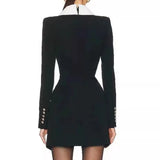 Lapel Buttons Black White Patchwork Mini Dress