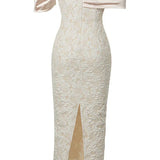 Slash Neck Embossed Flower Beige Dress