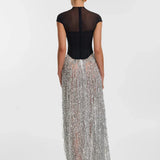 Black Fishbone Top Sequin Mesh Long Skirt Set