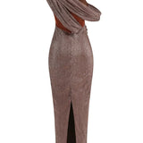 One Shoulder Draped Glitter Brown Maxi Dress