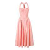 Corset Style Bow Halter Spliced Lace Midi Dress