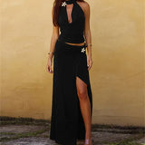 Halter Crop Top and  Long Skirt Two Piece Set