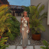 Knit Crochet Flower Applique Halter Maxi Dress