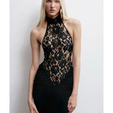 Halter Neck Lace Patchwork Black Maxi Dress
