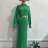 Turtleneck Pullover Solid Sweater Dress With Belt