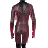 Bling Rhinestones Fishnet Mini Dress Women Sexy Long Sleeve Crystal Dress