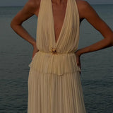 Halter Pleated Top Elastic Waist Long Skirt Suit