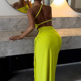 Green Oblique Shoulder Top Thigh High Split Long Skirt Set