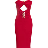 Red Metal Strapless Design Bodycon Midi Dress