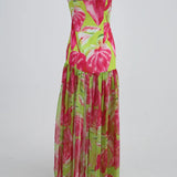 Strapless Retro Print Split Long Dress