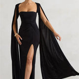 Elegant Cape Sleeve Maxi Dress with High Split