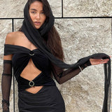 Off The Shoulder Mesh Folded Scarf Maxi Dress