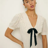 Short Puff Sleeve Bow Detail Dots Print Mini Dress