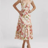 Floral Bra with Wire Corset Ruffles Midi Dress