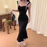 Black Ruffle Trim Fishtail Midi Dress