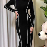 Round Neck Striped Black Long Sleeve Dress