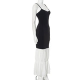 Black Strap White Frill Patchwork Maxi Dress