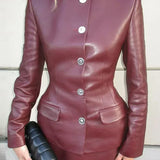Round Neck Leather Jacket Half Skirt Set