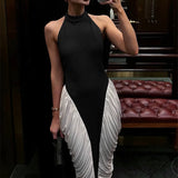 Patchwork Halter Backless Contrast Pleated Midi Dress