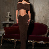Solid Slash Neck Ankle-Length Skirt Suit