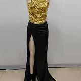 Strapless Gold Top & High-Slit Skirt Set