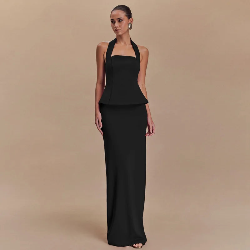 Square Collar Halter Top and Long Skirt Two-Piece Set