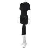Short Sleeve Draped Black Metal Buckle Mini Dress