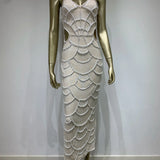 Women V Neck White Pearl Beading Maxi Dress