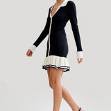 Ruffled Contrast Bow Open Back Lace-Up Knit Mini Dress