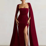 Elegant Cape Sleeve Maxi Dress with High Split