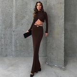 Long Sleeve Lace-up Crop Top And Long Skirt Suit
