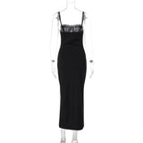 Open Back Lace Patchwork Black Maxi Dress