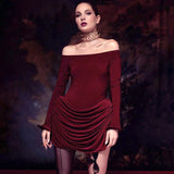 Pleated Off-Shoulder Long Sleeve Mini Dress