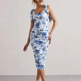 Floral Print Square Collar Midi Dress