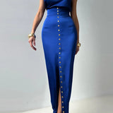Sleeveless Top Suit With Front Split Skirt