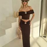 Off-shoulder Tops Thigh Split Long Skirt Two Pieces Sets